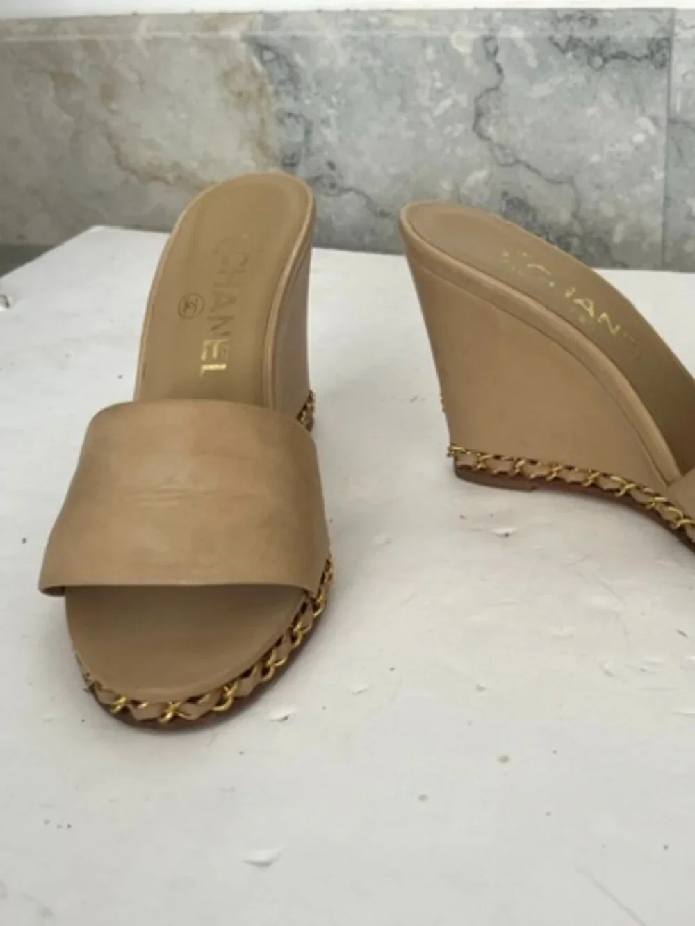 Chanel Tan Leather Chain Wedge Slide Sandals Mules CC Logo